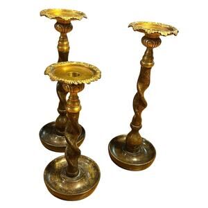 Set of 3 Vintage Maitland Smith Bronze & Brass Barley Twist Candle Holders Decor